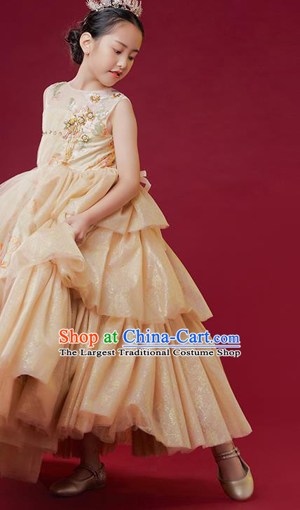 Custom Stage Show Princess Dress Catwalks Light Golden Full Dress Children Dancewear Girl Chorus Compere Fashion Clothing
