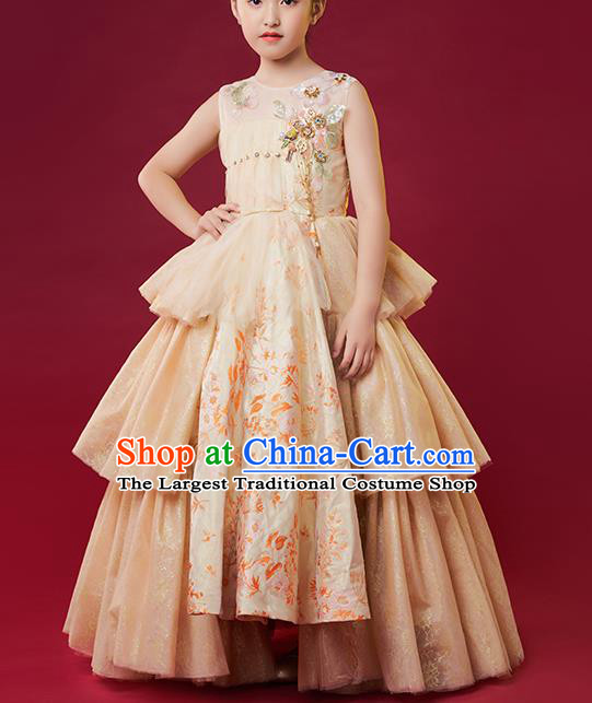 Custom Stage Show Princess Dress Catwalks Light Golden Full Dress Children Dancewear Girl Chorus Compere Fashion Clothing