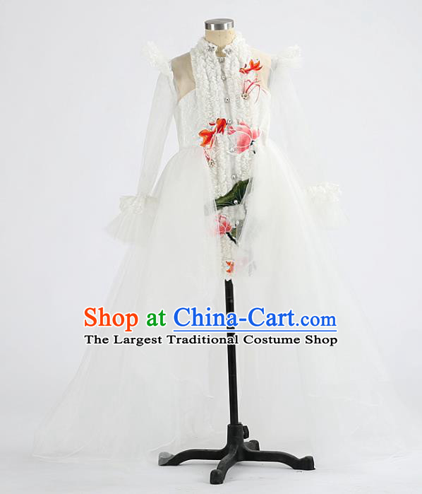 Custom Girl Compere Fashion Clothing Stage Show Trailing Dress Catwalks White Full Dress Children Dancewear