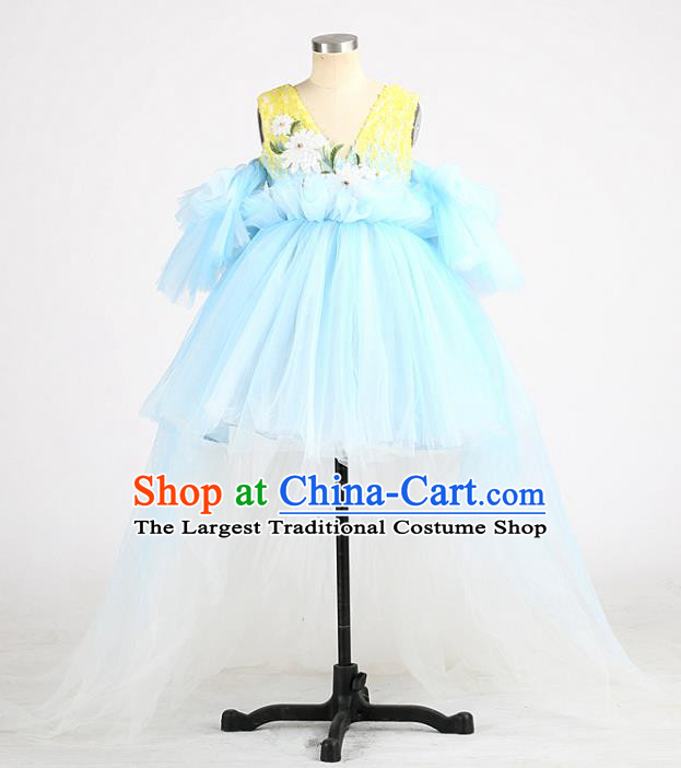 High Children Compere Blue Veil Short Dress Girl Catwalks Clothing Chorus Garment Costume Stage Show Full Dress