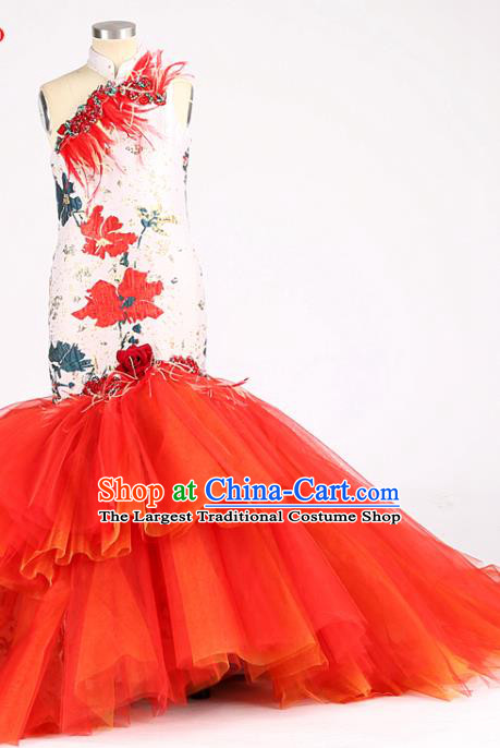 High Children Performance Fishtail Dress Girl Compere Costume Stage Show Red Veil Trailing Full Dress Kid Catwalks Clothing