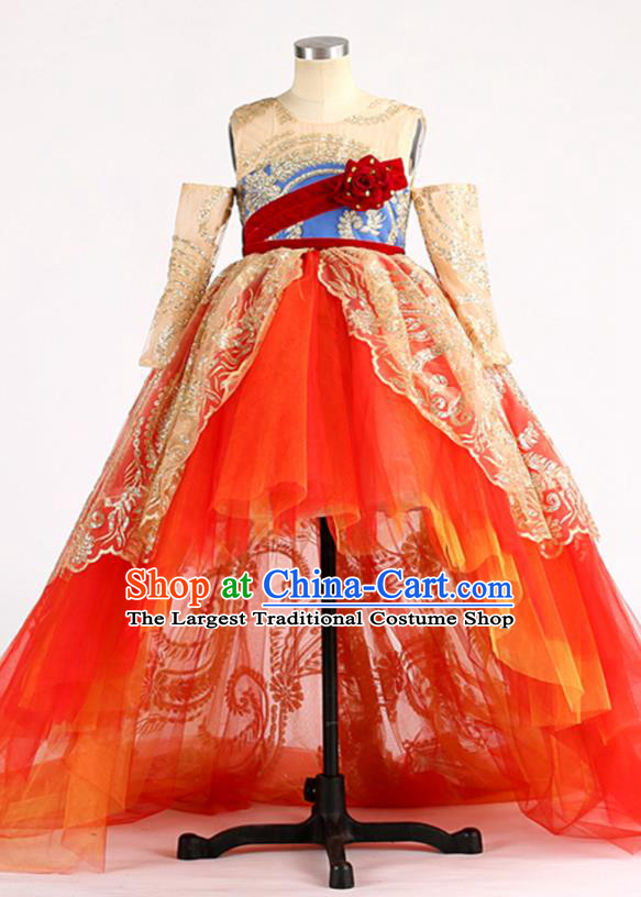 High Children Chorus Performance Red Dress Baroque Compere Clothing Stage Show Princess Full Dress Girl Catwalks Fashion