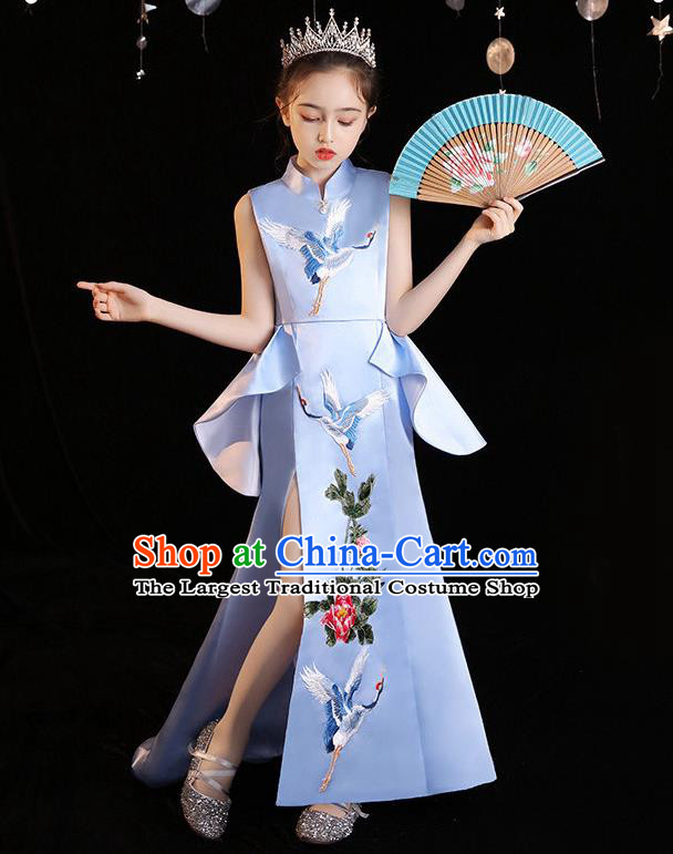 China Embroidered Blue Dress Girl Catwalks Clothing Stage Performance Garment Costume Children Qipao Dress