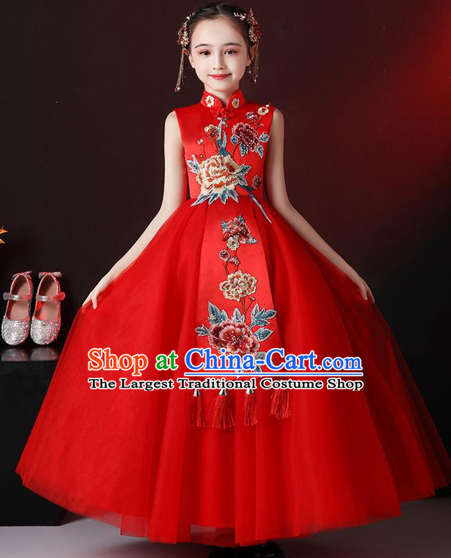 China Stage Performance Garment Costume Children Classical Dance Red Dress Compere Dress Girl Catwalks Clothing