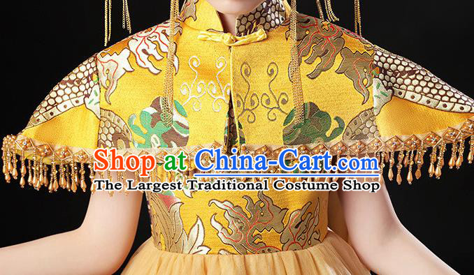 China Compere Yellow Trailing Dress Girl Catwalks Clothing Stage Performance Garment Costume Children Classical Dance Dress