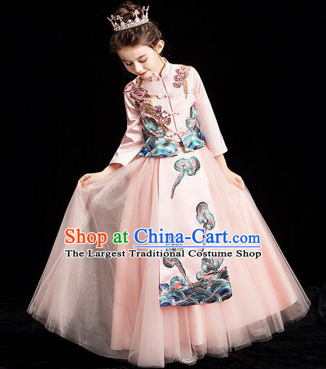 China Girl Catwalks Pink Formal Dress Stage Performance Clothing Children Classical Xiuhe Suits Compere Garment Costume