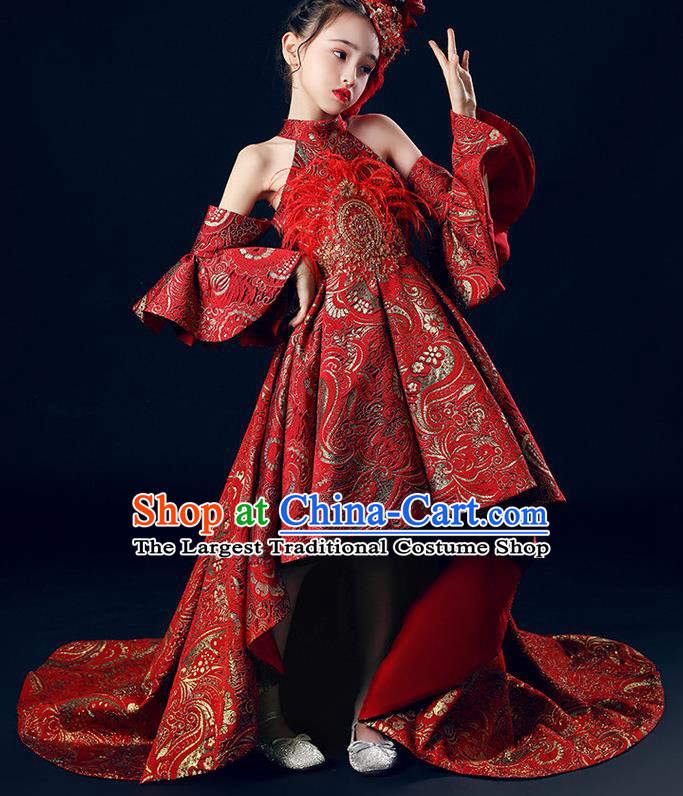 Custom Catwalks Princess Full Dress Children Dancewear Girl Compere Fashion Clothing Stage Show Red Trailing Dress