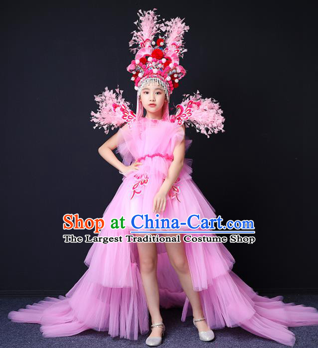 Custom Children Birthday Garment Compere Fashion Clothing Girl Stage Show Pink Veil Trailing Dress Catwalks Full Dress