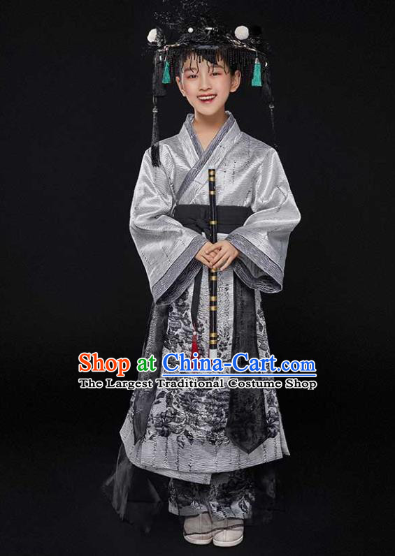Top Chinese Boys Stage Show Tang Suits Kid Catwalks Grey Robe Uniforms Children Scholar Performance Apparels