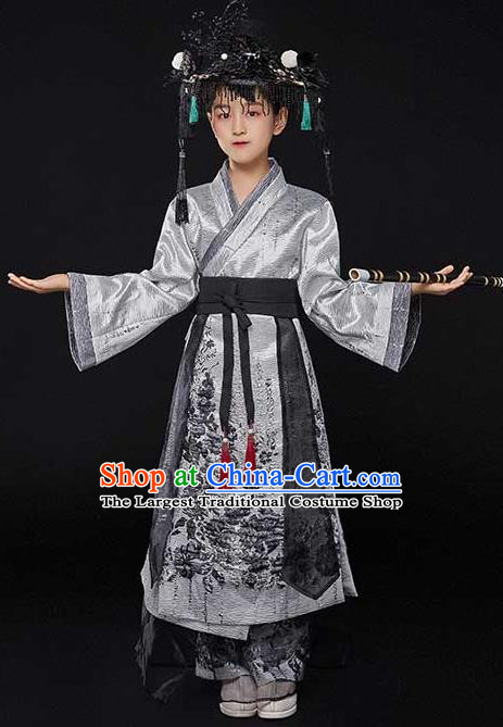 Top Chinese Boys Stage Show Tang Suits Kid Catwalks Grey Robe Uniforms Children Scholar Performance Apparels