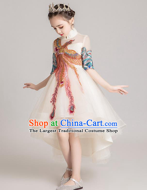 Custom Stage Show Embroidered Phoenix Dress Catwalks Princess Beige Full Dress Children Dancewear Girl Compere Fashion Clothing