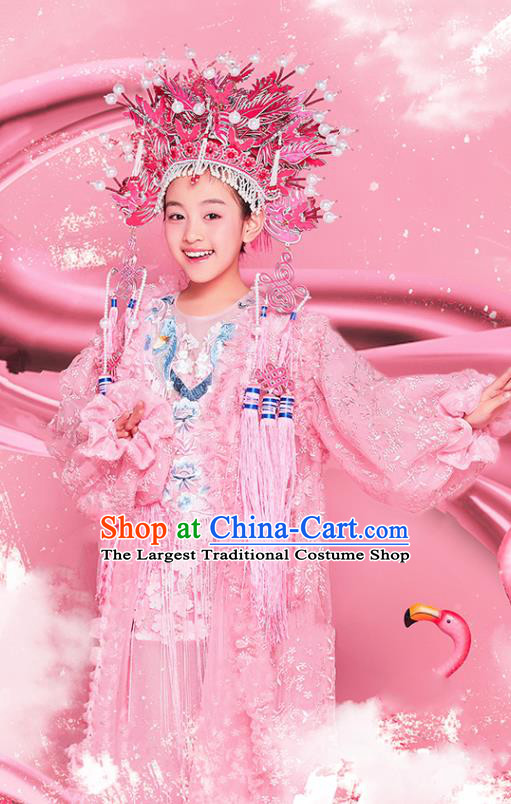 China Compere Garment Costumes Girl Catwalks Fashion Children Performance Clothing Classical Dance Pink Dress and Headdress