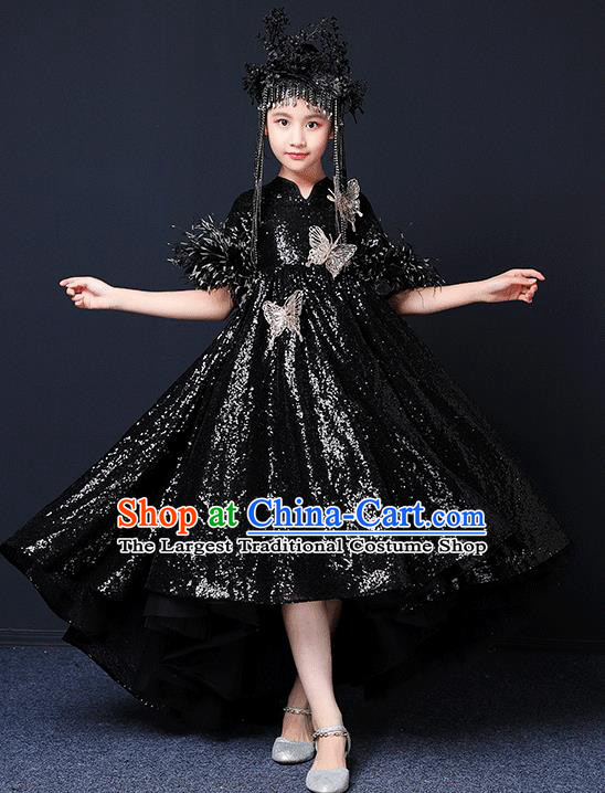 Custom Catwalks Princess Black Full Dress Children Birthday Performance Garment Compere Fashion Clothing Girl Stage Show Trailing Dress