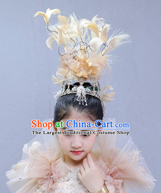 Top Children Performance Headdress Girl Stage Show Hair Accessories Kids Catwalks Feather Royal Crown