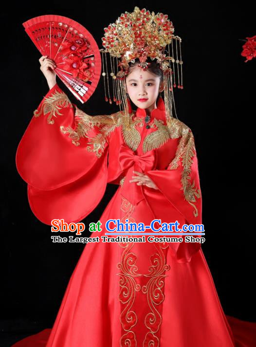 China Children Performance Clothing Classical Dance Red Trailing Dress Compere Garment Costumes Girl Catwalks Fashion