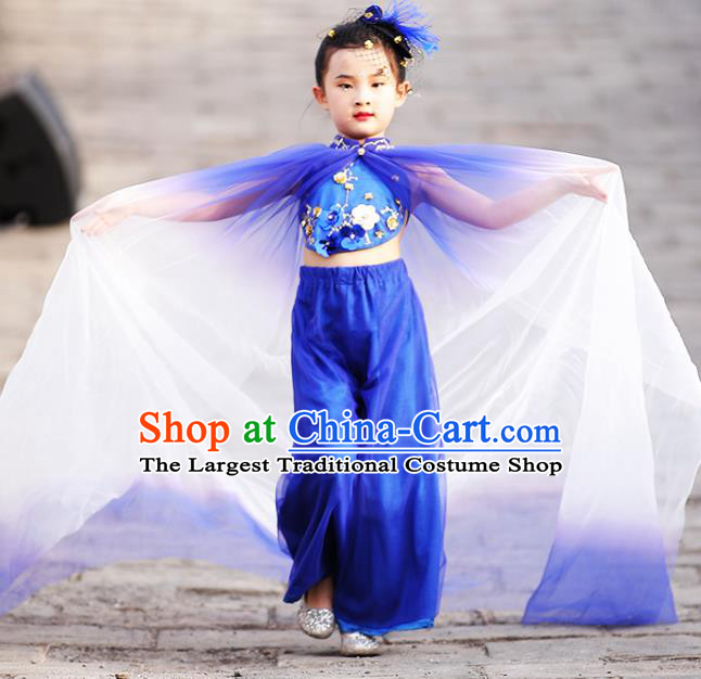 China Children Stage Show Clothing Folk Dance Blue Outfits Girl Performance Garments Catwalks Fashion Costume