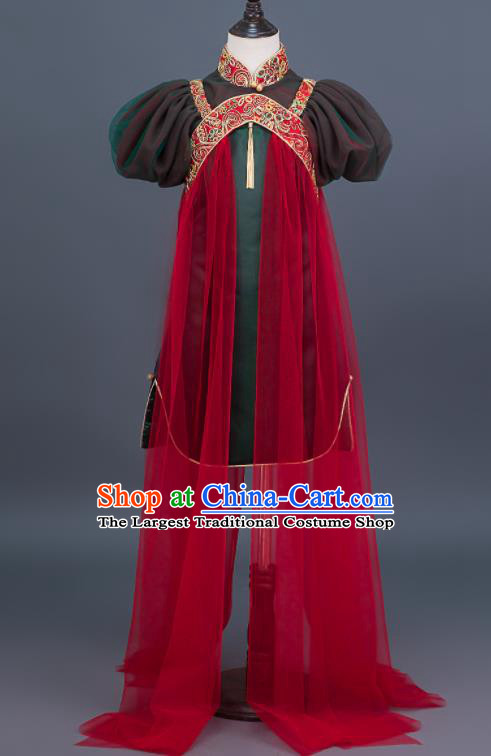 China Catwalks Fashion Costume Children Stage Show Clothing Classical Dance Dark Green Dress Girl Performance Garments