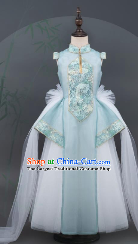 Custom Girl Princess Embroidered Fashion Children Stage Show Full Dress Kid Chorus Clothing Compere Light Blue Dress