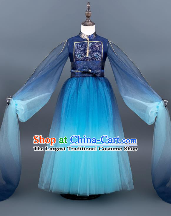 Custom Kid Performance Clothing Children Compere Deep Blue Dress Girl Piano Competition Fashion Princess Full Dress