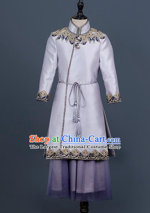 Top China Boys Catwalks Wear Children Tang Suit Clothing Classical Dance Costumes Kid Chorus Lilac Uniforms