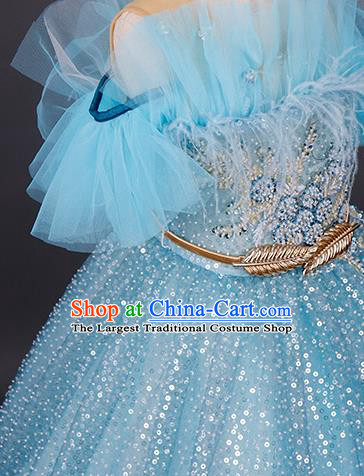 Custom Girl Princess Blue Full Dress Modern Dance Clothing Kid Christmas Performance Dress Children Compere Garment