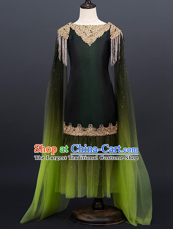Professional Stage Show Green Full Dress Modern Dance Clothing Girl Princess Garment Children Catwalks Fashion Costume