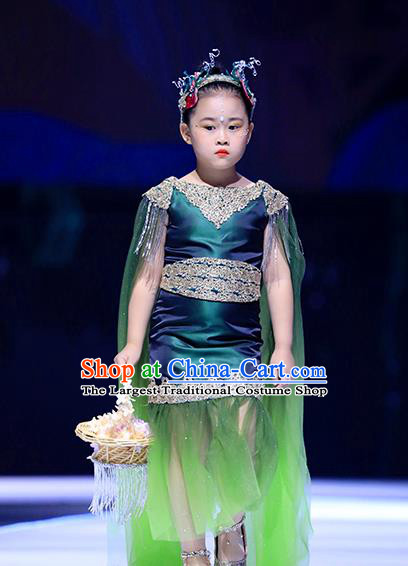 Professional Stage Show Green Full Dress Modern Dance Clothing Girl Princess Garment Children Catwalks Fashion Costume
