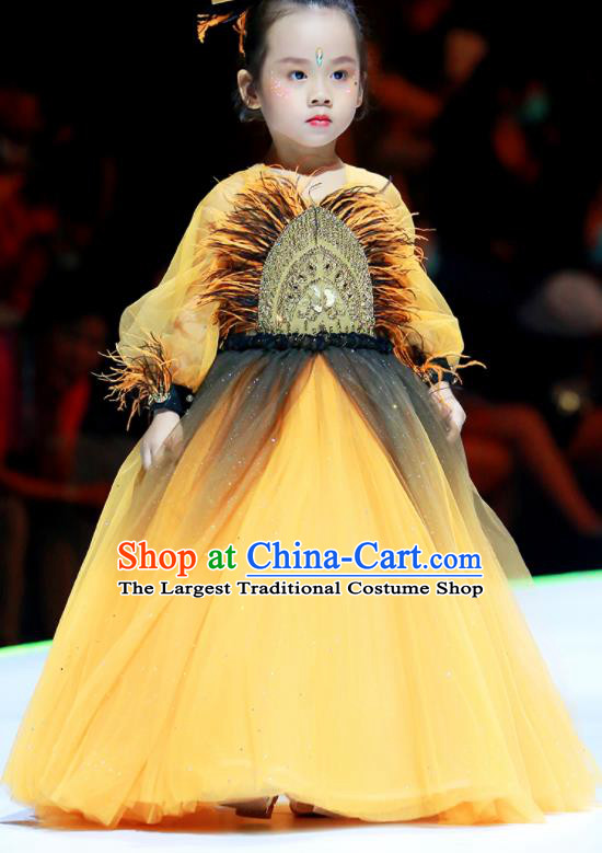 Professional Girl Princess Garment Children Catwalks Fashion Costume Stage Show Yellow Veil Full Dress Modern Dance Clothing