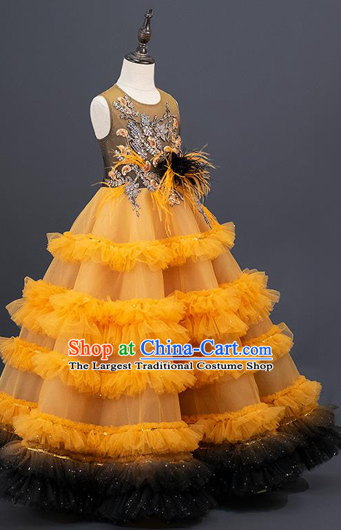 Professional Girl Modern Dance Clothing Princess Garment Children Catwalks Fashion Costume Stage Show Orange Veil Full Dress