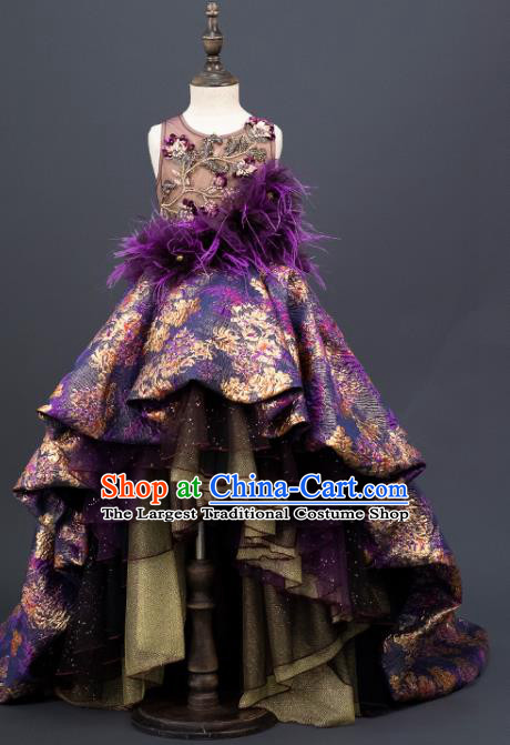 Professional Stage Show Purple Full Dress Girl Modern Dance Clothing Princess Garment Children Catwalks Fashion Costume