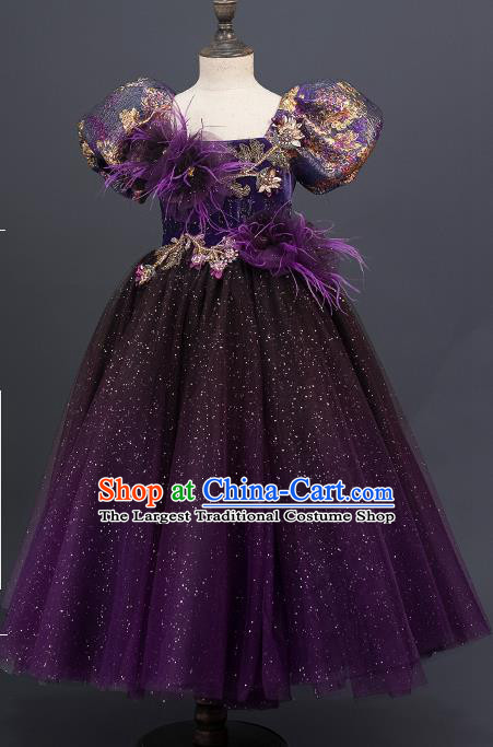 Professional Little Model Garment Children Catwalks Fashion Costume Stage Show Purple Veil Dress Girl Modern Dance Clothing