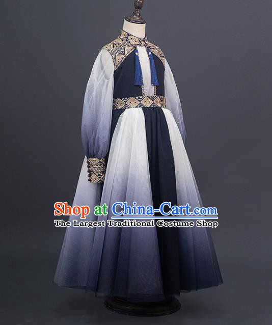 China Stage Performance Clothing Classical Dance Garment Costume Children Catwalks Uniforms Girl Navy Veil Dress