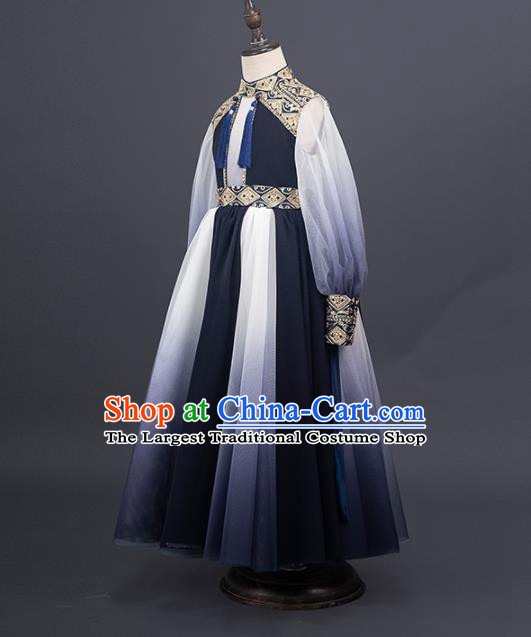 China Stage Performance Clothing Classical Dance Garment Costume Children Catwalks Uniforms Girl Navy Veil Dress