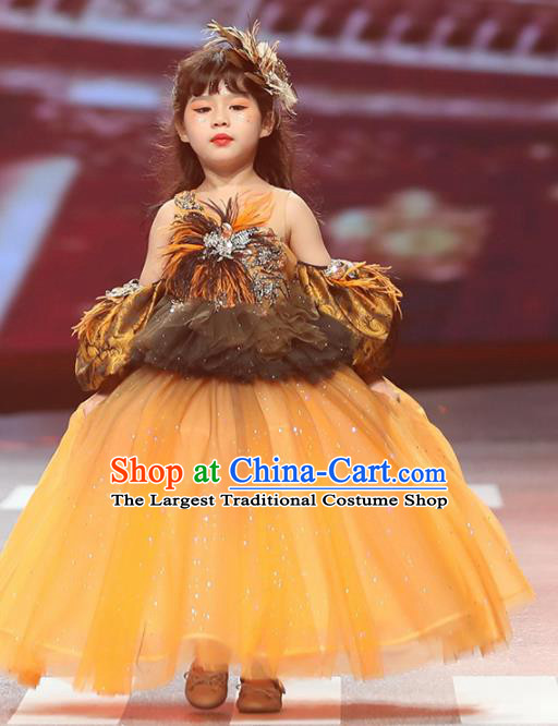 Professional Children Catwalks Orange Veil Full Dress Stage Show Fashion Costume Girl Dance Clothing Princess Garment