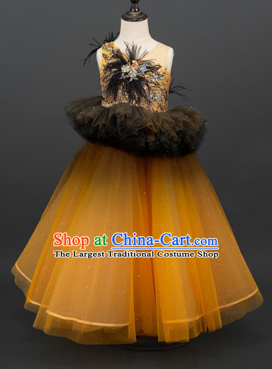 Professional Children Catwalks Orange Veil Full Dress Stage Show Fashion Costume Girl Dance Clothing Princess Garment