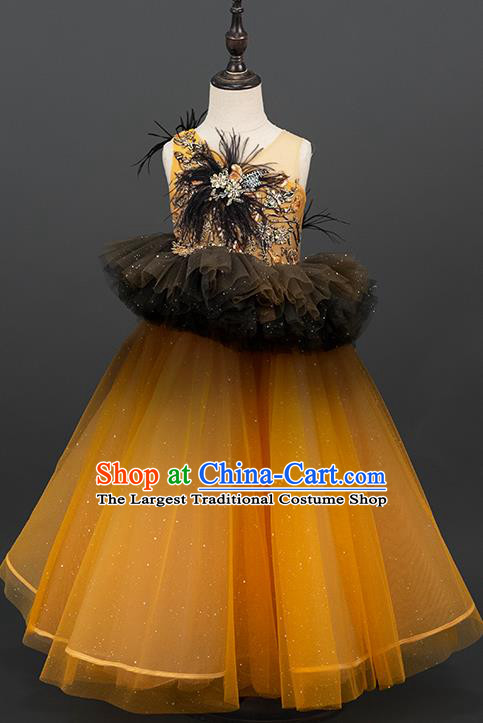 Professional Children Catwalks Orange Veil Full Dress Stage Show Fashion Costume Girl Dance Clothing Princess Garment
