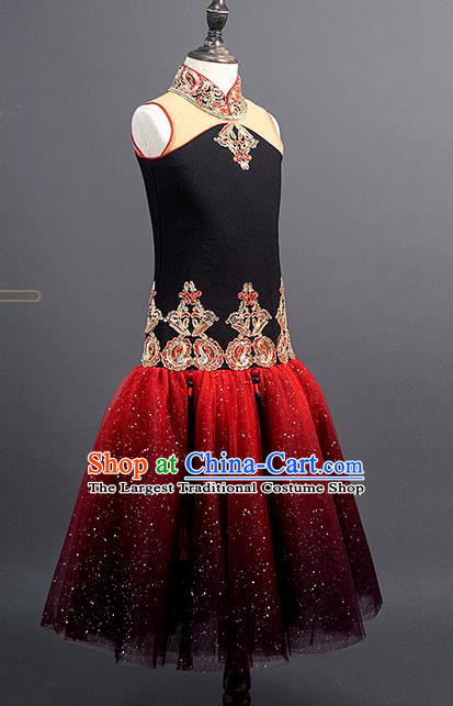 China Girl Red Veil Fishtail Dress Stage Performance Clothing Classical Dance Garment Costume Children Catwalks Fashion