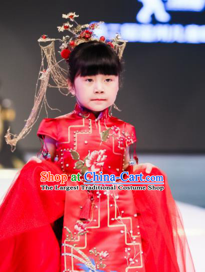 China Classical Dance Garment Costume Children Catwalks Fashion Girl Red Veil Full Dress Stage Performance Clothing