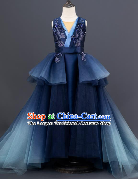 Professional Stage Show Navy Trailing Full Dress Modern Dance Clothing Girl Compere Garment Children Catwalks Fashion Costume