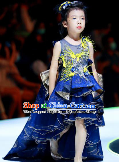 Professional Girl Compere Garment Children Catwalks Fashion Costume Stage Show Blue Trailing Full Dress Modern Dance Clothing