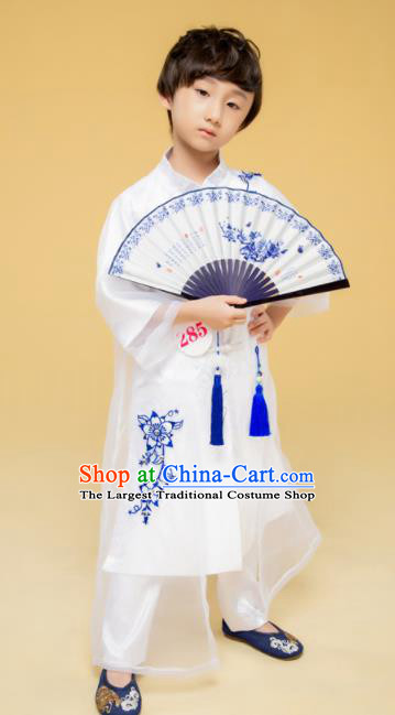 Chinese Boys Cross Talk Performance Costumes Tang Suit White Uniforms Children Stage Show Clothing