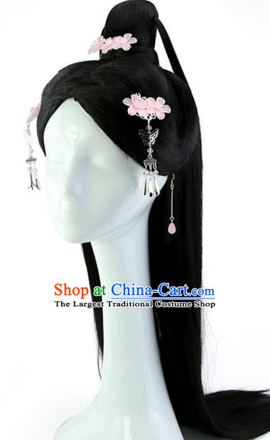 China Ancient Swordswoman Wigs Traditional Hanfu Chignon Hairpieces Jin Dynasty Palace Princess Black Long Wig Sheath