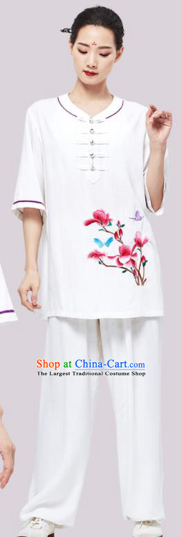 Chinese Tai Chi Clothing Kung Fu White Flax Uniforms Wushu Competition Garment Costumes Martial Arts Embroidered Mangnolia Clothing