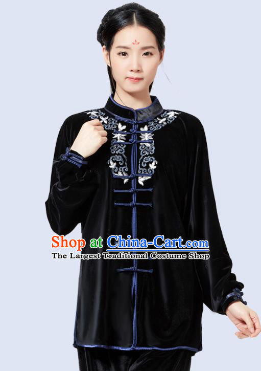 China Wushu Garment Costumes Tai Chi Sword Clothing Kung Fu Embroidered Black Pleuche Uniforms Martial Arts Competition Outfits