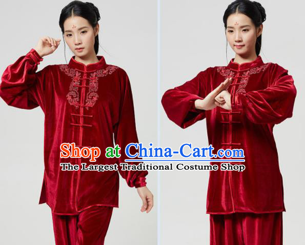 China Martial Arts Competition Outfits Wushu Garment Costumes Tai Chi Sword Clothing Kung Fu Embroidered Red Pleuche Uniforms