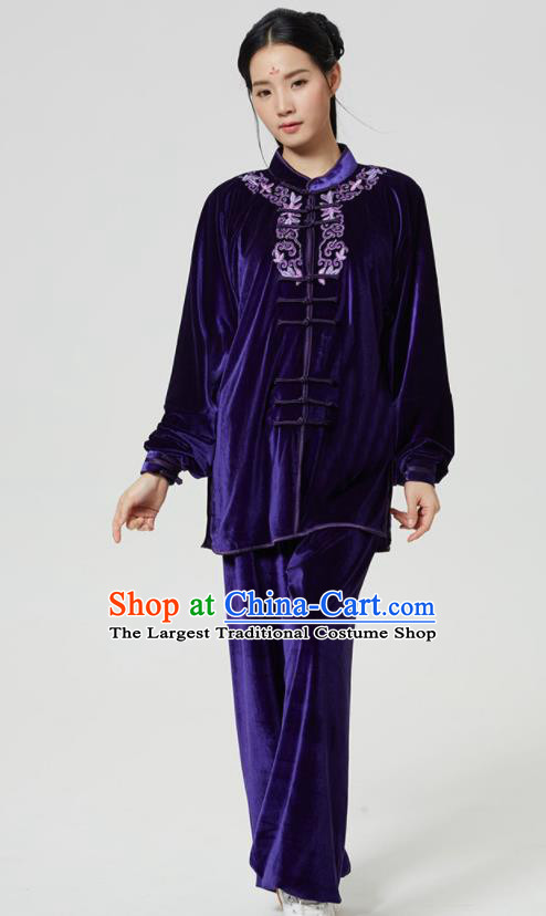 China Kung Fu Embroidered Purple Pleuche Uniforms Martial Arts Competition Outfits Wushu Garment Costumes Tai Chi Sword Clothing