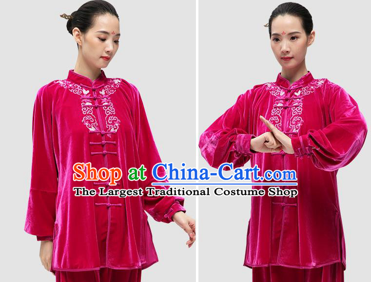 China Tai Chi Sword Clothing Kung Fu Embroidered Rosy Pleuche Uniforms Martial Arts Competition Outfits Wushu Garment Costumes
