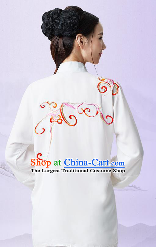 China Kung Fu Clothing Martial Arts Embroidered White Outfits Wushu Performance Costumes Tai Chi Training Uniforms