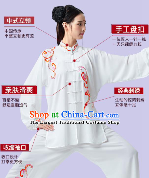 China Kung Fu Clothing Martial Arts Embroidered White Outfits Wushu Performance Costumes Tai Chi Training Uniforms