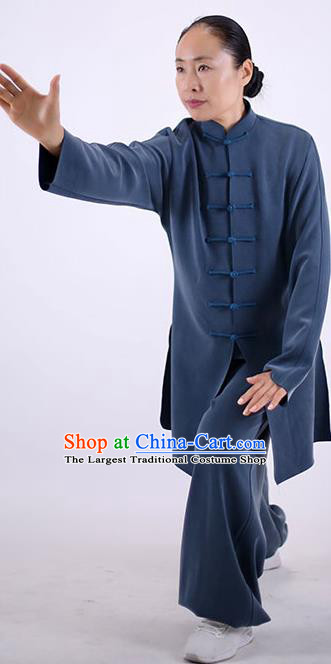 China Martial Arts Competition Outfits Wudang Sword Performance Costumes Tai Chi Exercise Blue Uniforms Kung Fu Wushu Clothing